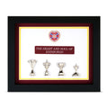 Framed display with trophies and a heart-shaped emblem on a white background